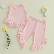 Load image into Gallery viewer, Baby Toddler Girl 2Pcs Summer Outfit Solid Waffle Round Neck Ruffled Tank Top with Long Pants Set