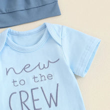 Load image into Gallery viewer, Baby Boy 3Pcs New To The Crew Outfit Letter Short Sleeve Romper with Solid Color Pants and Hat Set