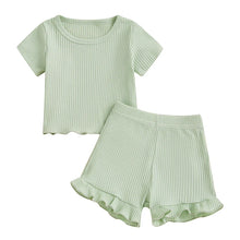 Load image into Gallery viewer, Baby Toddler Girls 2Pcs Ribbed Outfit Solid Color Short Sleeve T-Shirt Top Elastic Waist Ruffle Shorts Set
