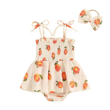 Load image into Gallery viewer, Baby Girls 2Pcs Summer Romper Dress Sleeveless Peach Print Cami Tank Playsuit with Headband Set