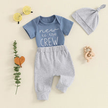 Load image into Gallery viewer, Baby Boy 3Pcs New To The Crew Outfit Letter Short Sleeve Romper with Solid Color Pants and Hat Set