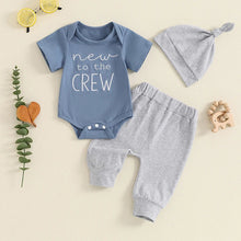 Load image into Gallery viewer, Baby Boy 3Pcs New To The Crew Outfit Letter Short Sleeve Romper with Solid Color Pants and Hat Set