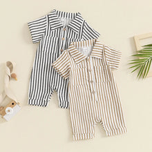 Load image into Gallery viewer, Baby Boy Striped Romper Short Sleeve Front Pocket Single-breasted Button Collar Legs Jumpsuit