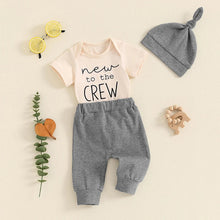 Load image into Gallery viewer, Baby Boy 3Pcs New To The Crew Outfit Letter Short Sleeve Romper with Solid Color Pants and Hat Set