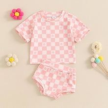 Load image into Gallery viewer, Baby Toddler Girls 2Pcs Summer Set Short Sleeve Checkerboard Flower Print Top Shorts Bloomers Outfit