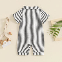 Load image into Gallery viewer, Baby Boy Striped Romper Short Sleeve Front Pocket Single-breasted Button Collar Legs Jumpsuit
