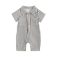 Load image into Gallery viewer, Baby Boy Striped Romper Short Sleeve Front Pocket Single-breasted Button Collar Legs Jumpsuit