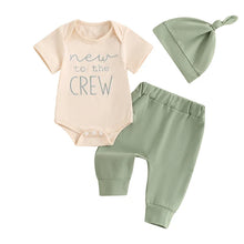 Load image into Gallery viewer, Baby Boy 3Pcs New To The Crew Outfit Letter Short Sleeve Romper with Solid Color Pants and Hat Set