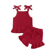 Load image into Gallery viewer, Baby Girl 2Pcs Outfits Knit Solid Color Sleeveless Cami Tank Top Tie with Elastic Waist Shorts Outfit Set