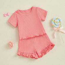 Load image into Gallery viewer, Baby Toddler Girls 2Pcs Ribbed Outfit Solid Color Short Sleeve T-Shirt Top Elastic Waist Ruffle Shorts Set