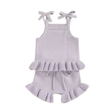 Load image into Gallery viewer, Baby Girl 2Pcs Outfits Knit Solid Color Sleeveless Cami Tank Top Tie with Elastic Waist Shorts Outfit Set