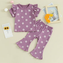 Load image into Gallery viewer, Toddler Kids Girl 2Pcs Summer Outfit Ruffle Short Sleeve Floral Flowers Print Top + Bell Bottom Pants Set Clothes