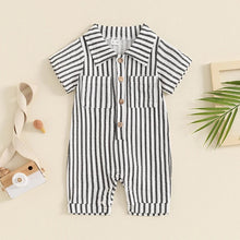 Load image into Gallery viewer, Baby Boy Striped Romper Short Sleeve Front Pocket Single-breasted Button Collar Legs Jumpsuit