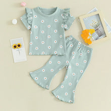 Load image into Gallery viewer, Toddler Kids Girl 2Pcs Summer Outfit Ruffle Short Sleeve Floral Flowers Print Top + Bell Bottom Pants Set Clothes
