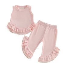 Load image into Gallery viewer, Baby Toddler Girl 2Pcs Summer Outfit Solid Waffle Round Neck Ruffled Tank Top with Long Pants Set
