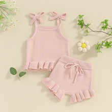 Load image into Gallery viewer, Baby Girl 2Pcs Outfits Knit Solid Color Sleeveless Cami Tank Top Tie with Elastic Waist Shorts Outfit Set