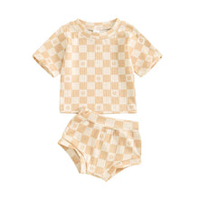 Load image into Gallery viewer, Baby Toddler Girls 2Pcs Summer Set Short Sleeve Checkerboard Flower Print Top Shorts Bloomers Outfit