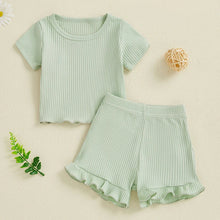 Load image into Gallery viewer, Baby Toddler Girls 2Pcs Ribbed Outfit Solid Color Short Sleeve T-Shirt Top Elastic Waist Ruffle Shorts Set