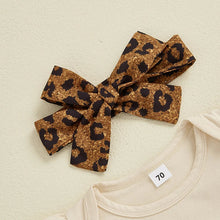 Load image into Gallery viewer, Baby Girls 3Pcs Auntie's Bestie Outfit Short Sleeve Letter Print Romper with Leopard Pattern Print Belted Pants and Headband Set