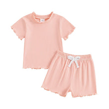 Load image into Gallery viewer, Baby Toddler Kids Girls 2Pcs Short Sleeve Crew Neck Ruffle Sleeve Top with Elastic Waist Shorts Outfit Set