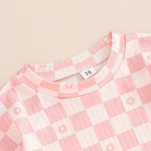 Load image into Gallery viewer, Baby Toddler Girls 2Pcs Summer Set Short Sleeve Checkerboard Flower Print Top Shorts Bloomers Outfit