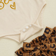 Load image into Gallery viewer, Baby Girls 3Pcs Auntie's Bestie Outfit Short Sleeve Letter Print Romper with Leopard Pattern Print Belted Pants and Headband Set