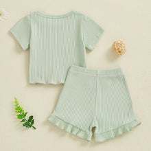 Load image into Gallery viewer, Baby Toddler Girls 2Pcs Ribbed Outfit Solid Color Short Sleeve T-Shirt Top Elastic Waist Ruffle Shorts Set