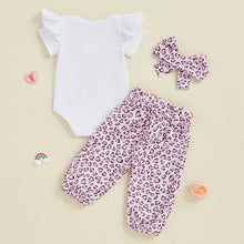 Load image into Gallery viewer, Baby Girls 3Pcs Auntie's Bestie Outfit Short Sleeve Letter Print Romper with Leopard Pattern Print Belted Pants and Headband Set