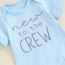 Load image into Gallery viewer, Baby Boy 3Pcs New To The Crew Outfit Letter Short Sleeve Romper with Solid Color Pants and Hat Set