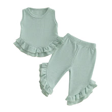 Load image into Gallery viewer, Baby Toddler Girl 2Pcs Summer Outfit Solid Waffle Round Neck Ruffled Tank Top with Long Pants Set