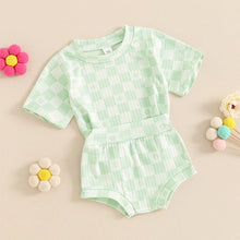 Load image into Gallery viewer, Baby Toddler Girls 2Pcs Summer Set Short Sleeve Checkerboard Flower Print Top Shorts Bloomers Outfit