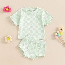 Load image into Gallery viewer, Baby Toddler Girls 2Pcs Summer Set Short Sleeve Checkerboard Flower Print Top Shorts Bloomers Outfit