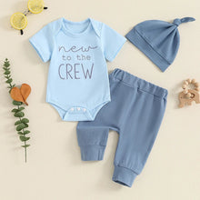 Load image into Gallery viewer, Baby Boy 3Pcs New To The Crew Outfit Letter Short Sleeve Romper with Solid Color Pants and Hat Set