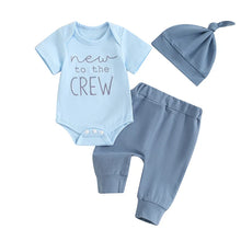 Load image into Gallery viewer, Baby Boy 3Pcs New To The Crew Outfit Letter Short Sleeve Romper with Solid Color Pants and Hat Set