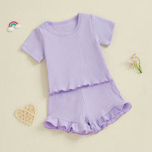 Load image into Gallery viewer, Baby Toddler Girls 2Pcs Ribbed Outfit Solid Color Short Sleeve T-Shirt Top Elastic Waist Ruffle Shorts Set