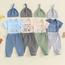 Load image into Gallery viewer, Baby Boy 3Pcs New To The Crew Outfit Letter Short Sleeve Romper with Solid Color Pants and Hat Set