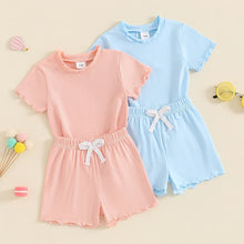 Load image into Gallery viewer, Baby Toddler Kids Girls 2Pcs Short Sleeve Crew Neck Ruffle Sleeve Top with Elastic Waist Shorts Outfit Set