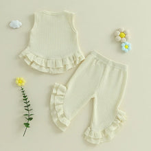 Load image into Gallery viewer, Baby Toddler Girl 2Pcs Summer Outfit Solid Waffle Round Neck Ruffled Tank Top with Long Pants Set