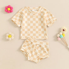 Load image into Gallery viewer, Baby Toddler Girls 2Pcs Summer Set Short Sleeve Checkerboard Flower Print Top Shorts Bloomers Outfit