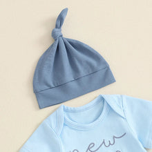 Load image into Gallery viewer, Baby Boy 3Pcs New To The Crew Outfit Letter Short Sleeve Romper with Solid Color Pants and Hat Set
