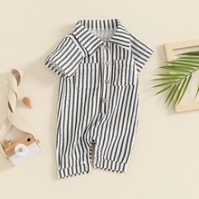 Load image into Gallery viewer, Baby Boy Striped Romper Short Sleeve Front Pocket Single-breasted Button Collar Legs Jumpsuit
