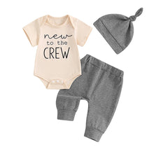 Load image into Gallery viewer, Baby Boy 3Pcs New To The Crew Outfit Letter Short Sleeve Romper with Solid Color Pants and Hat Set