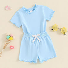 Load image into Gallery viewer, Baby Toddler Kids Girls 2Pcs Short Sleeve Crew Neck Ruffle Sleeve Top with Elastic Waist Shorts Outfit Set