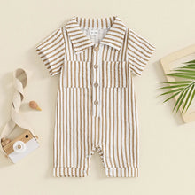 Load image into Gallery viewer, Baby Boy Striped Romper Short Sleeve Front Pocket Single-breasted Button Collar Legs Jumpsuit