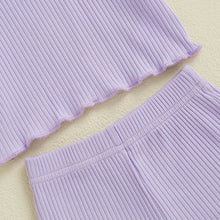Load image into Gallery viewer, Baby Toddler Girls 2Pcs Ribbed Outfit Solid Color Short Sleeve T-Shirt Top Elastic Waist Ruffle Shorts Set