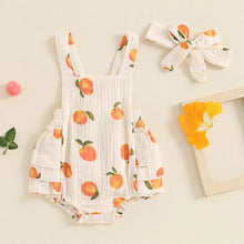 Load image into Gallery viewer, Baby Toddler Girls Romper Peach Print Sleeveless Square Neck Side Tiered Ruffled Jumpsuit with Headband Set