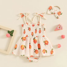 Load image into Gallery viewer, Baby Girls 2Pcs Summer Romper Dress Sleeveless Peach Print Cami Tank Playsuit with Headband Set