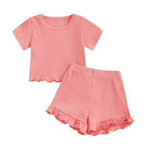 Load image into Gallery viewer, Baby Toddler Girls 2Pcs Ribbed Outfit Solid Color Short Sleeve T-Shirt Top Elastic Waist Ruffle Shorts Set