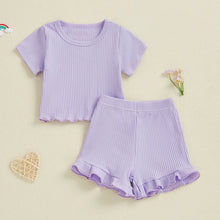 Load image into Gallery viewer, Baby Toddler Girls 2Pcs Ribbed Outfit Solid Color Short Sleeve T-Shirt Top Elastic Waist Ruffle Shorts Set