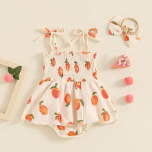 Load image into Gallery viewer, Baby Girls 2Pcs Summer Romper Dress Sleeveless Peach Print Cami Tank Playsuit with Headband Set